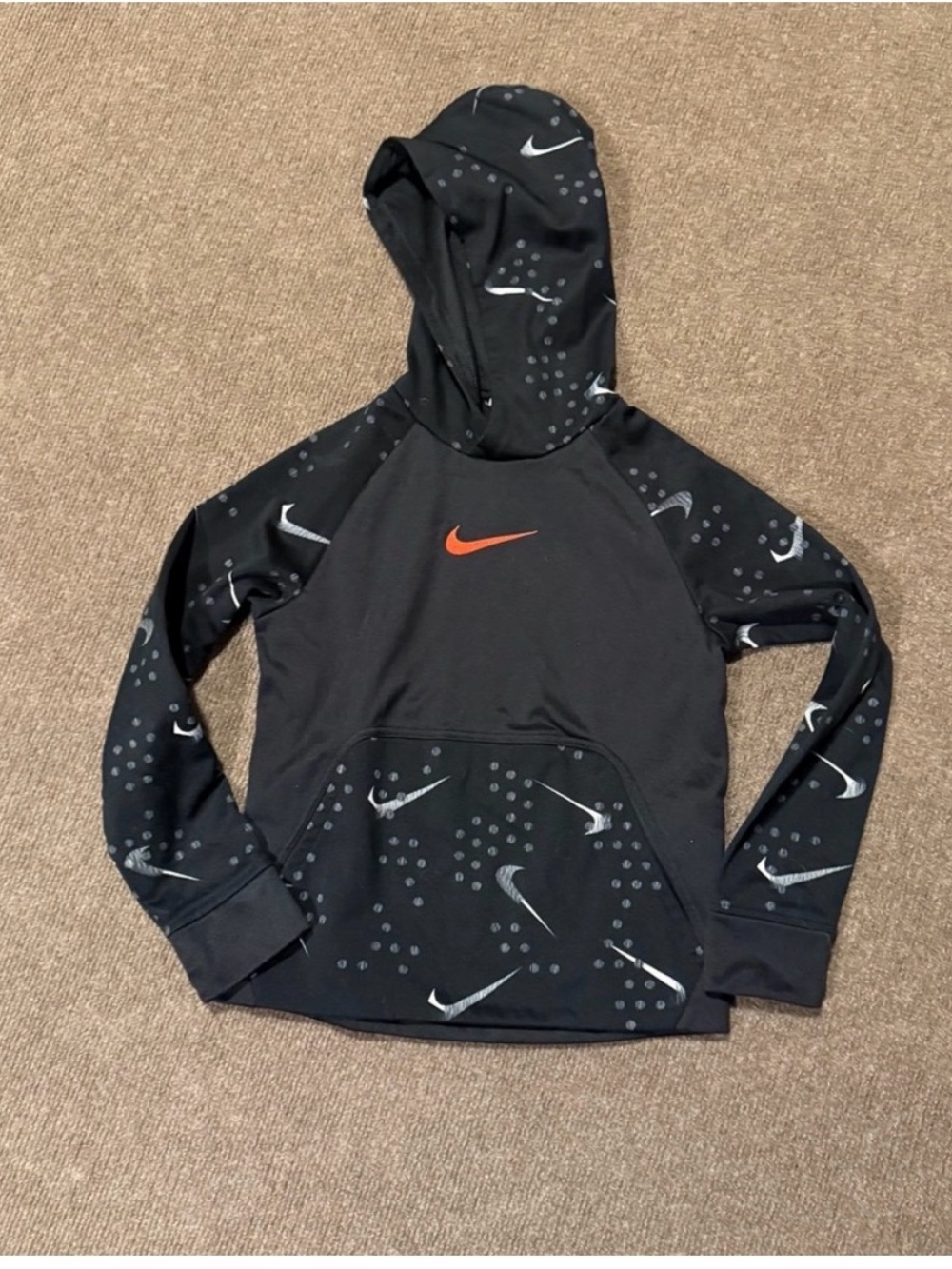Nike Black Hoodie with Orange Swoosh and White Accents